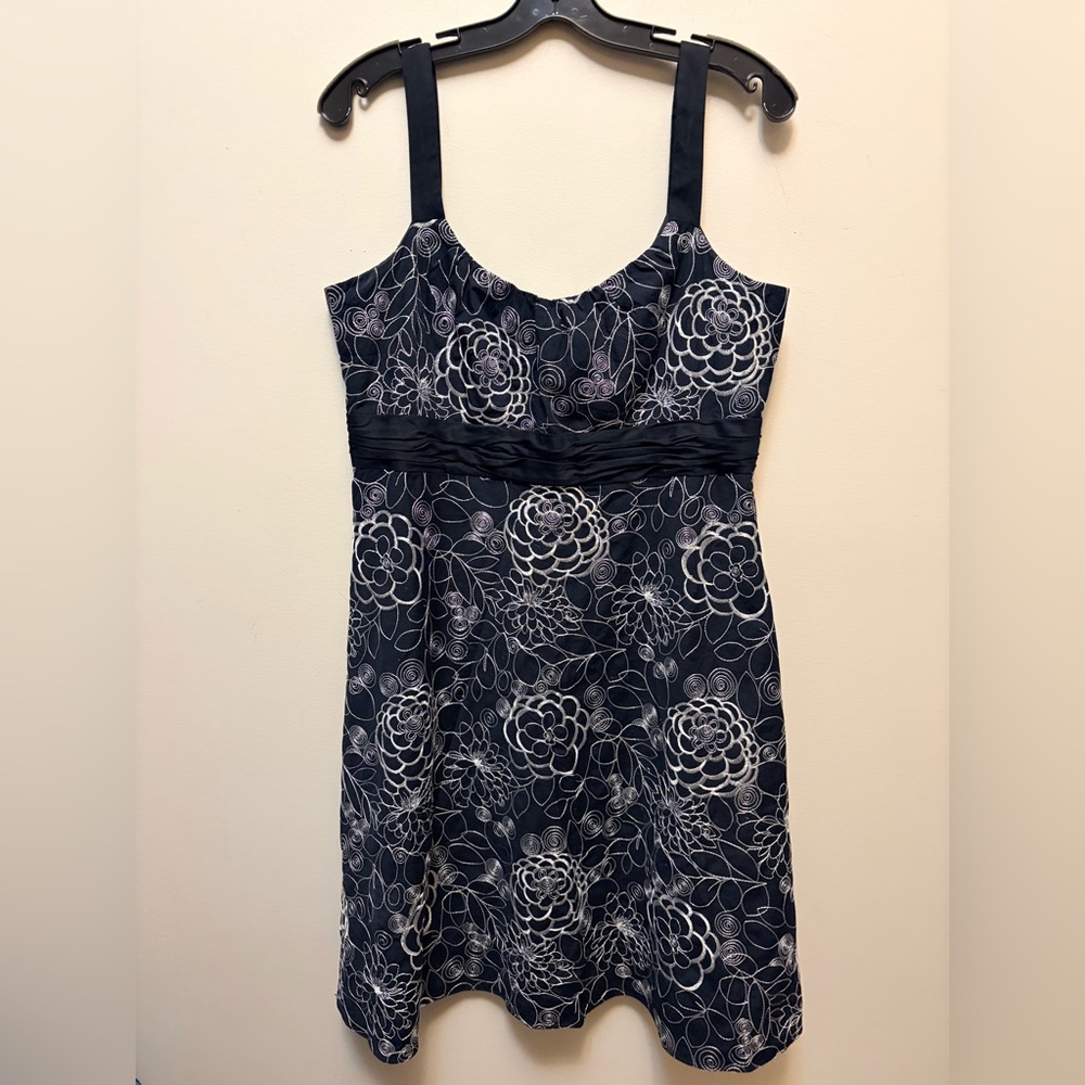 EVAN-PICONE Black & White Knee Length Cotton Dress w/ Embroidered Floral Pattern
